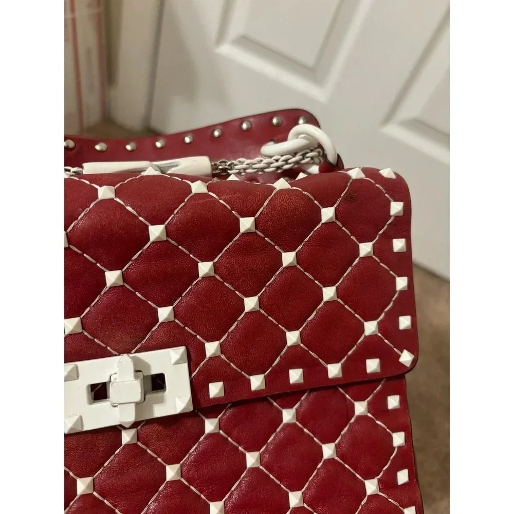 Valentino Rockstud Spike Red White Quilted Handle Shoulder chain Bag.